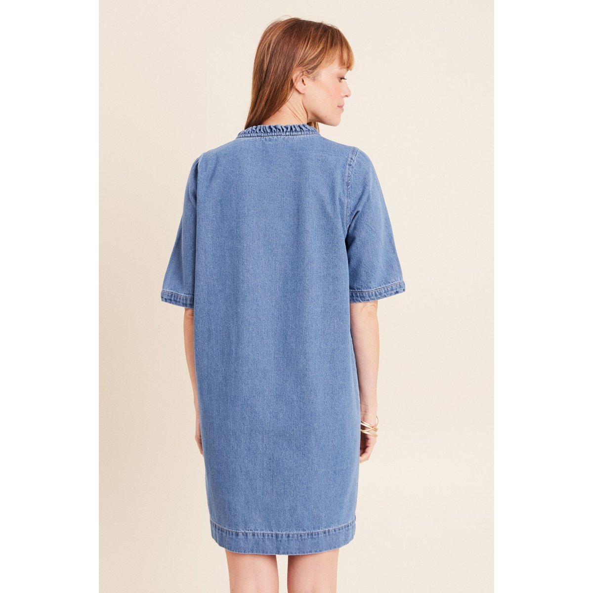 Robe courte évasée jean col montant denim double stone, BREAL