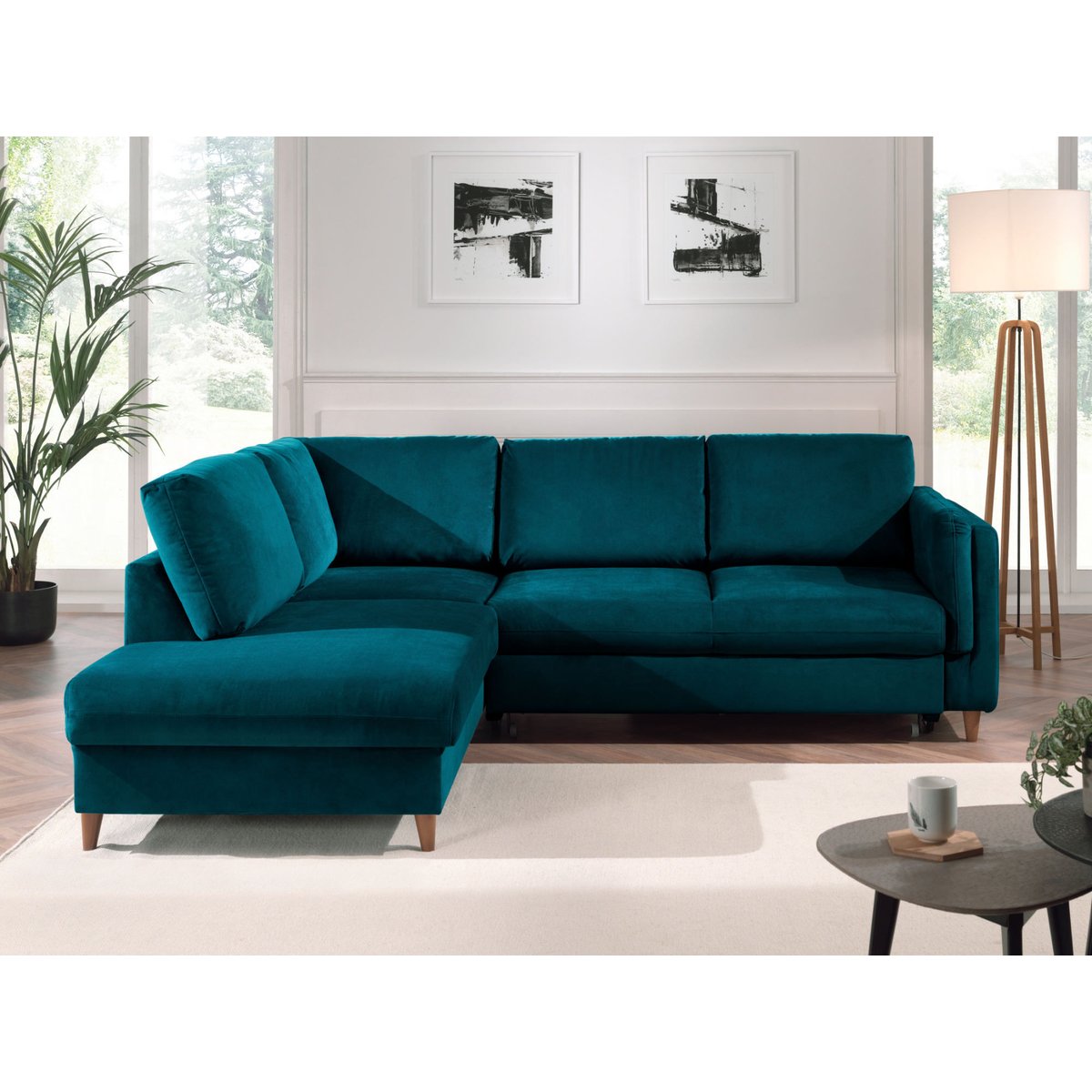 Canapé d'Angle Convertible 5 places - BROOKE bleu canard, BEST MOBILIER