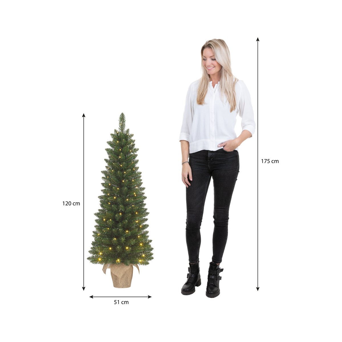 Sapin de Noël artificiel dans un sac en jute avec LED H120 cm GERLOS vert, BLACK BOX TREES