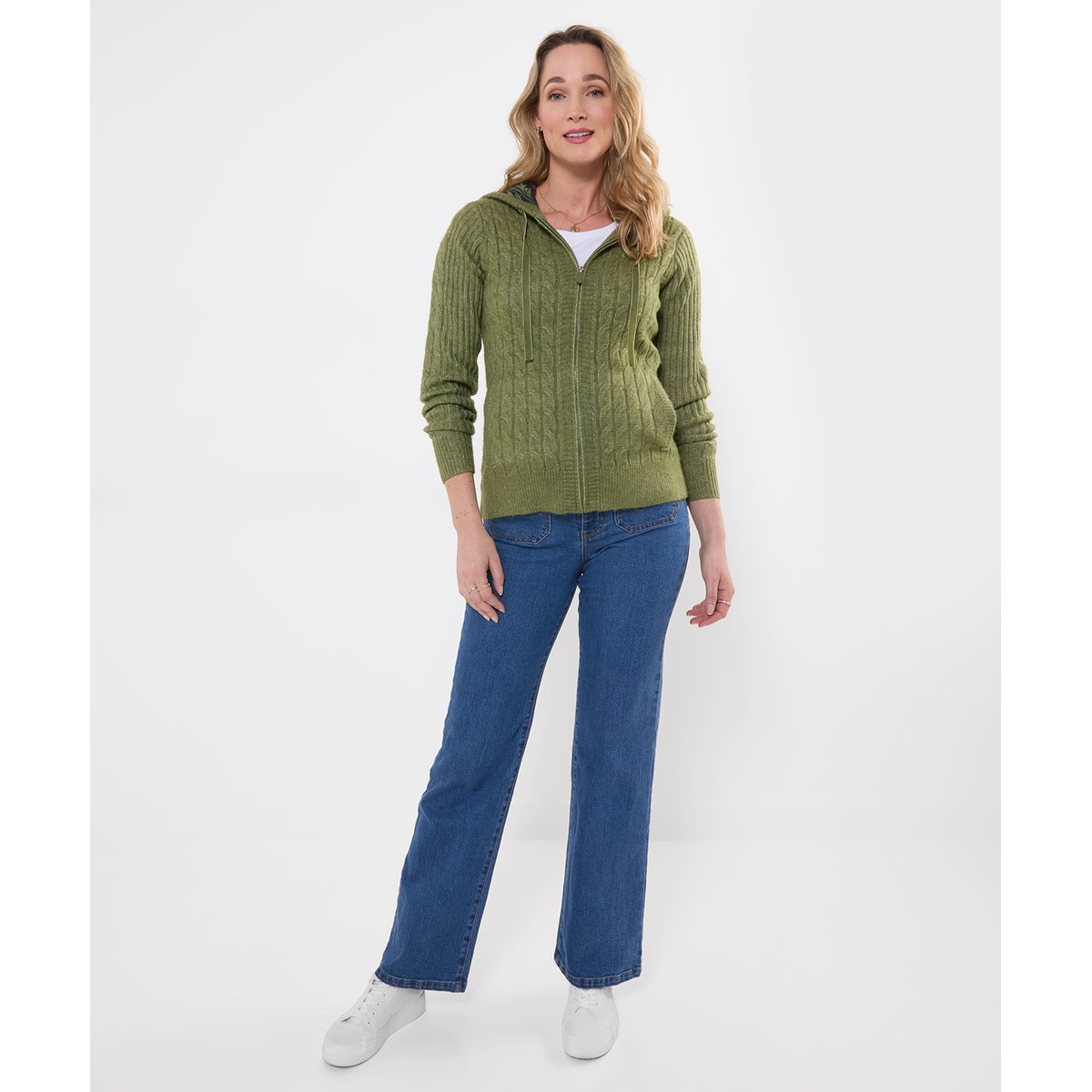 Cardigan Zippé à Capuche en Maille Torsadée Douillet vert, JOE BROWNS