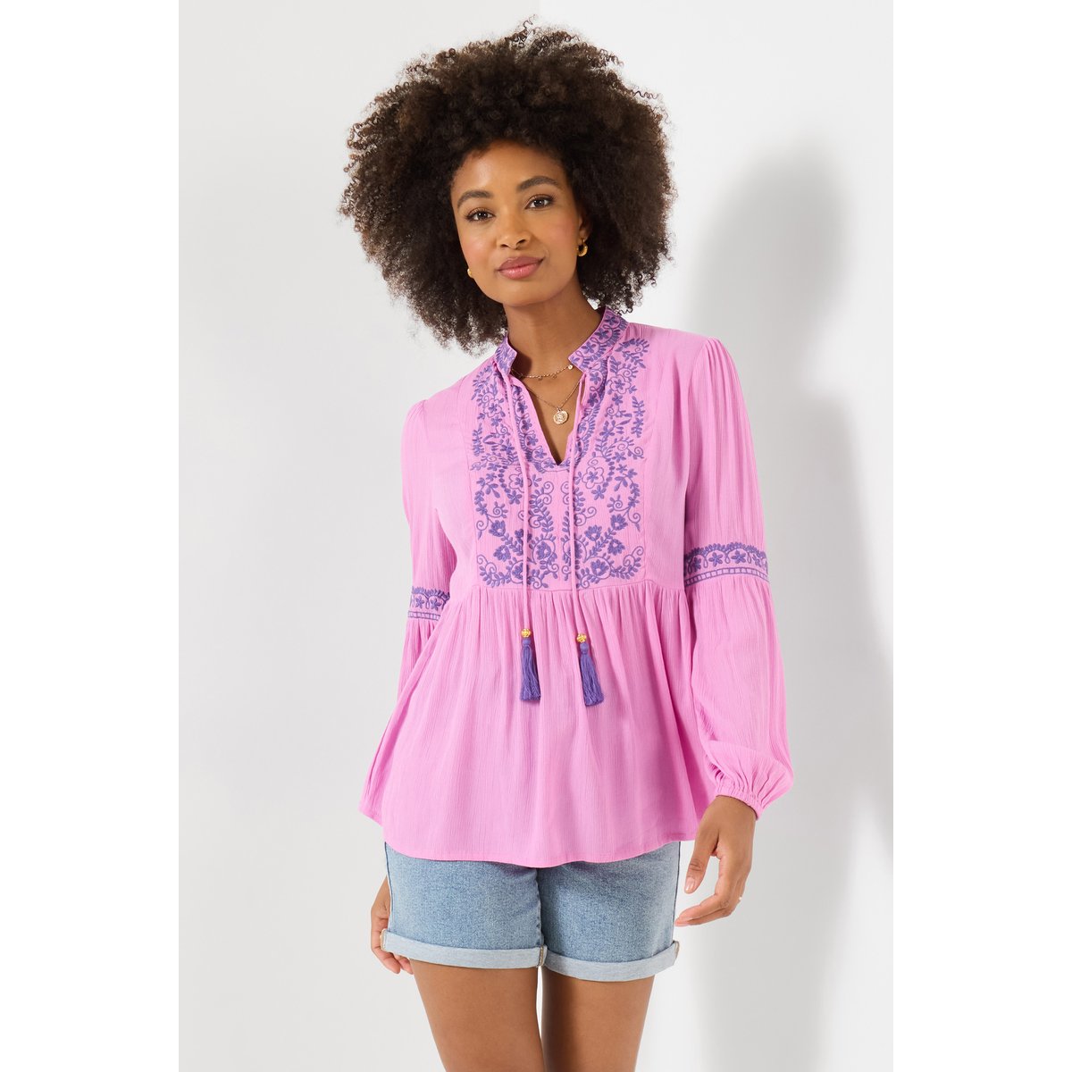 Blouse brodée à pompons remarquable rose, JOE BROWNS