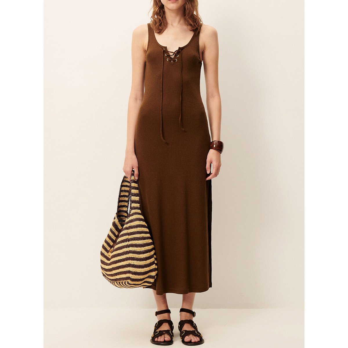 Robe longue sans manches au décolleté lacé, SUELI marron, SESSUN