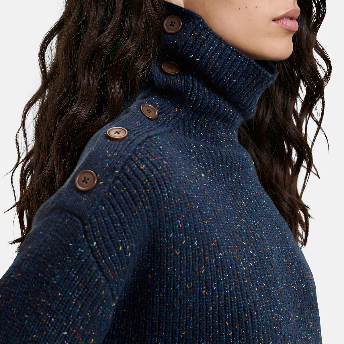 Jersey jaspeado con cuello alto y botones en los hombros azul marino, LA REDOUTE COLLECTIONS