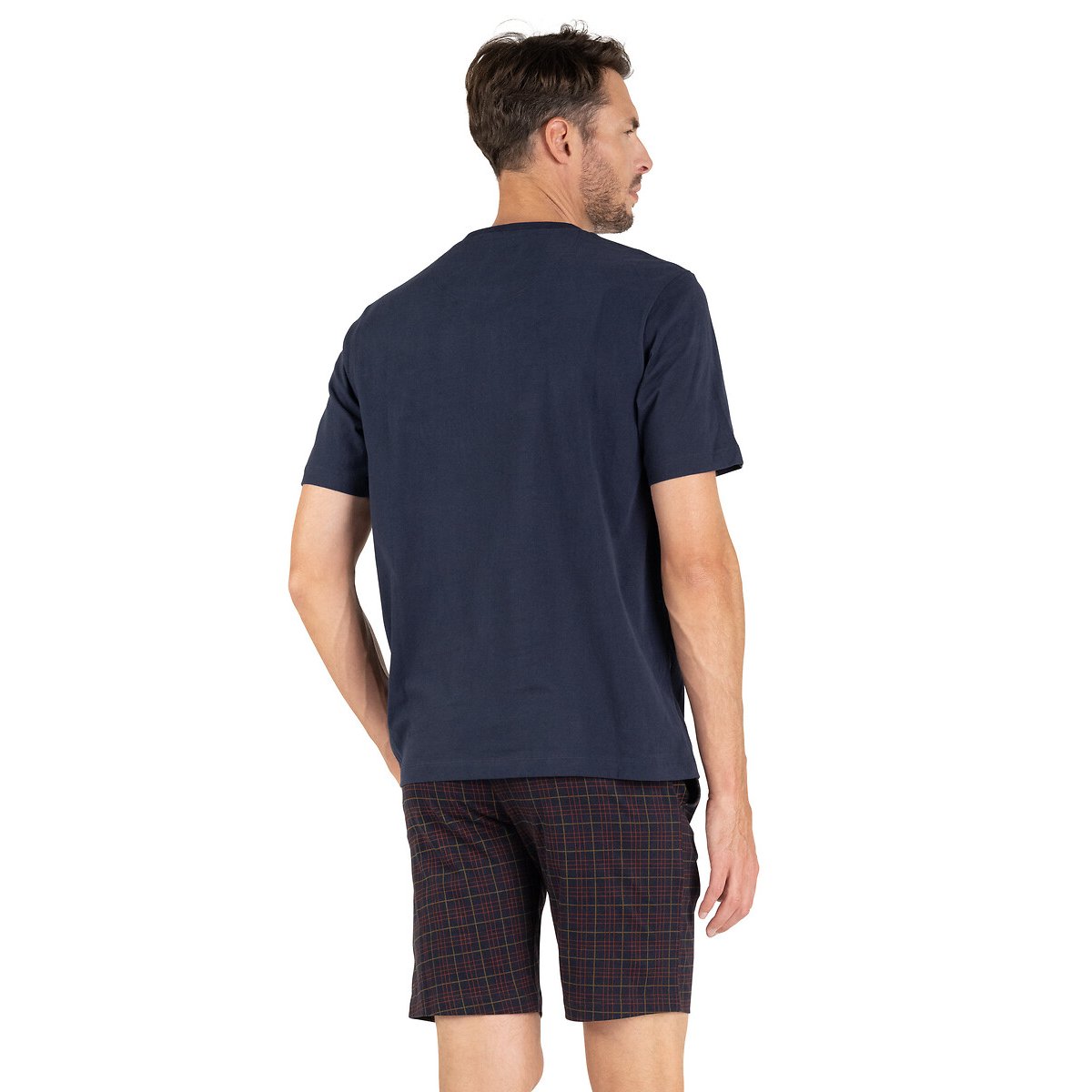 Pyjama short carreaux col tunisien bleu marine/carreaux, EMINENCE