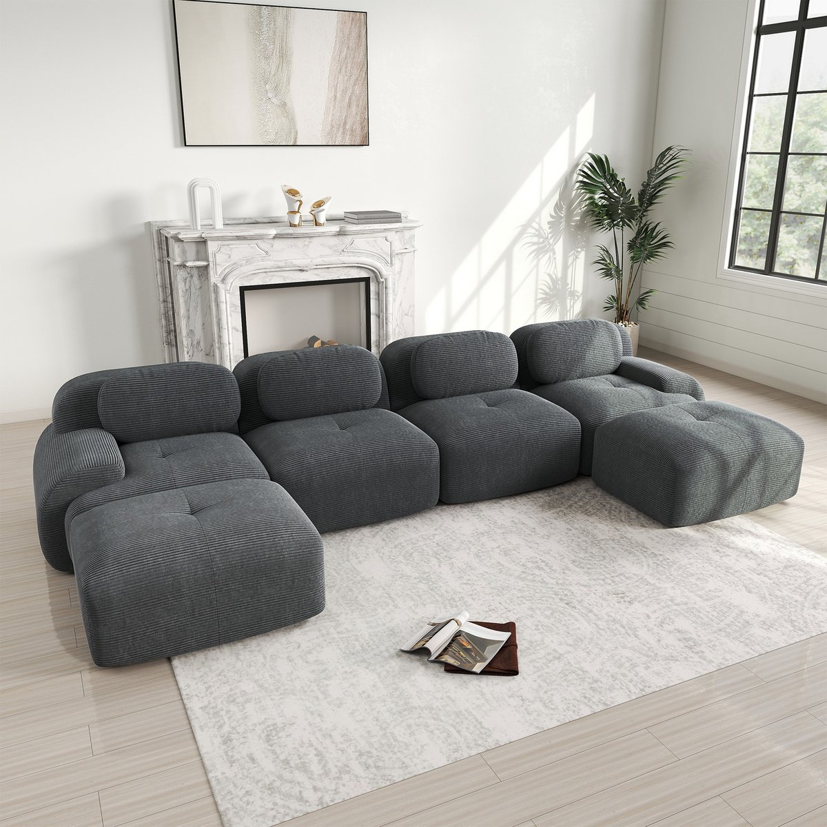Canapé droit 4 places avec 2 poufs en velours côtelé, SNOW gris, MEUBLES COSY