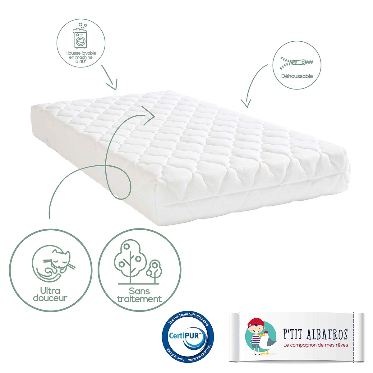 Matelas bébé Bamboo blanc, P'TIT ALBATROS