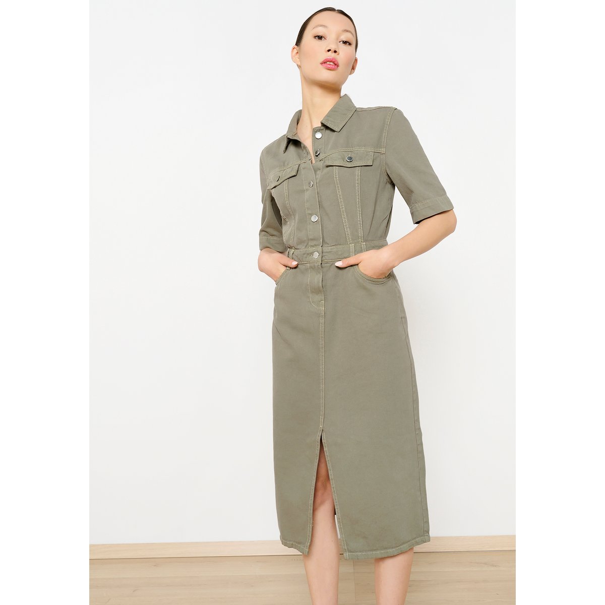 Robe mi-longue en coton khaki, LOLALIZA