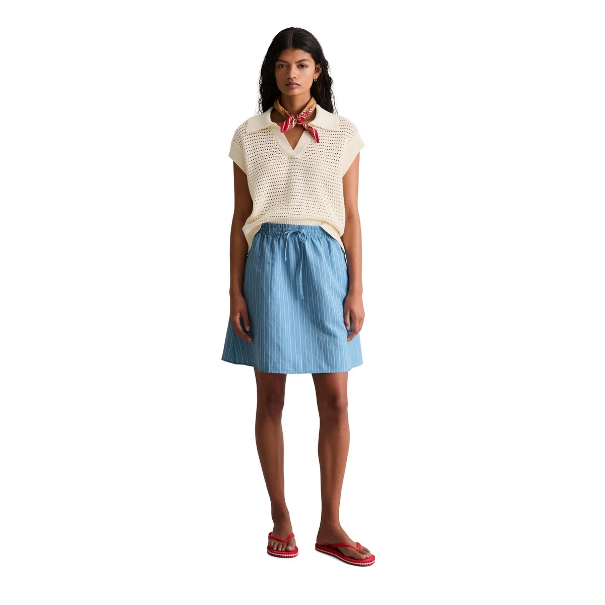 Jupe évasée à rayures en mélange de lin et de coton bleu, MARC O’POLO DENIM