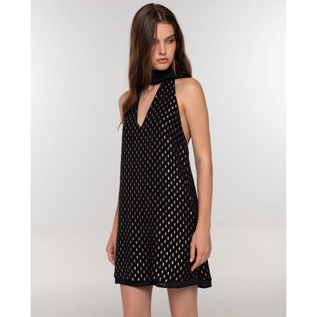 Robe midi noire avec nœud au cou et détails dorés noir, THE-ARE