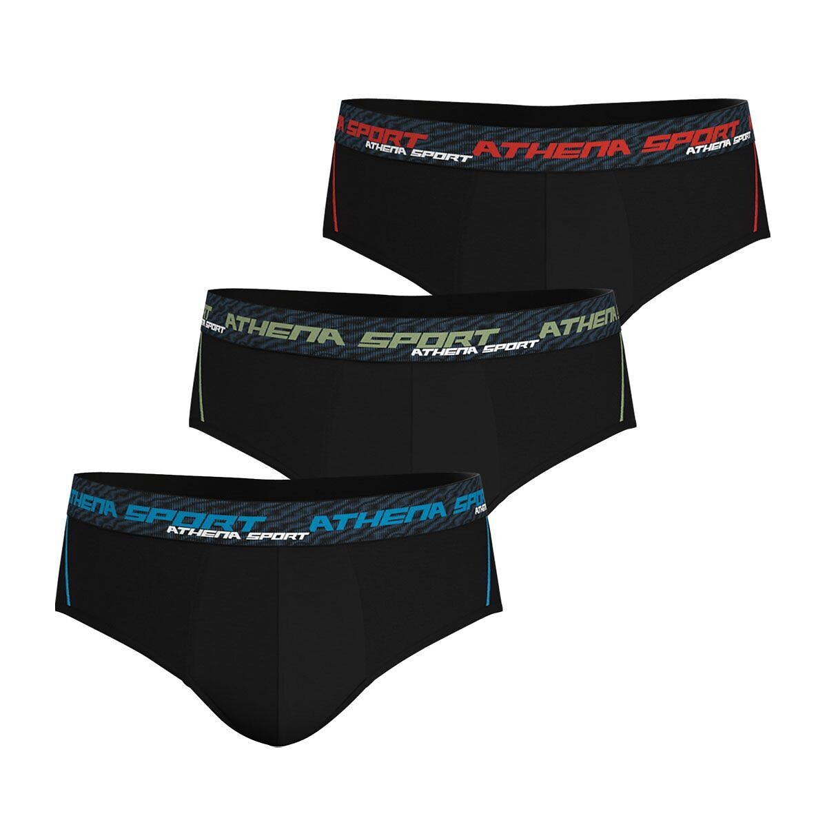 Lot de 3 slips, training dry noir/ceinture bleue+ kaki+ rouge, ATHENA