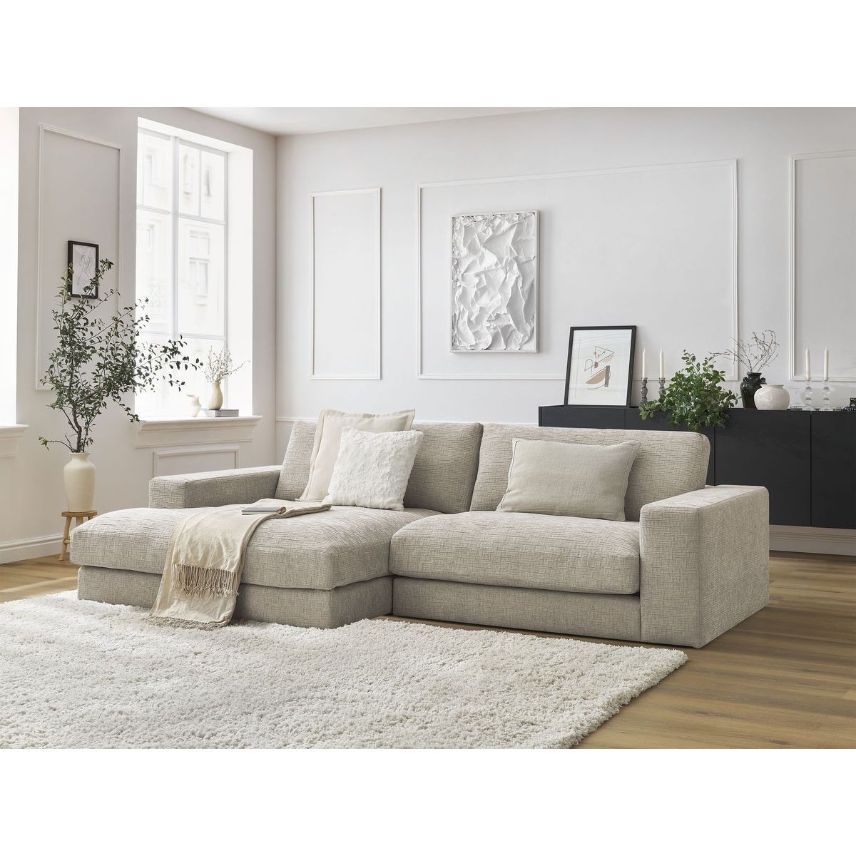 Canapé d'angle fixe 4 places en tissu texturé, LEONARD beige, BOBOCHIC