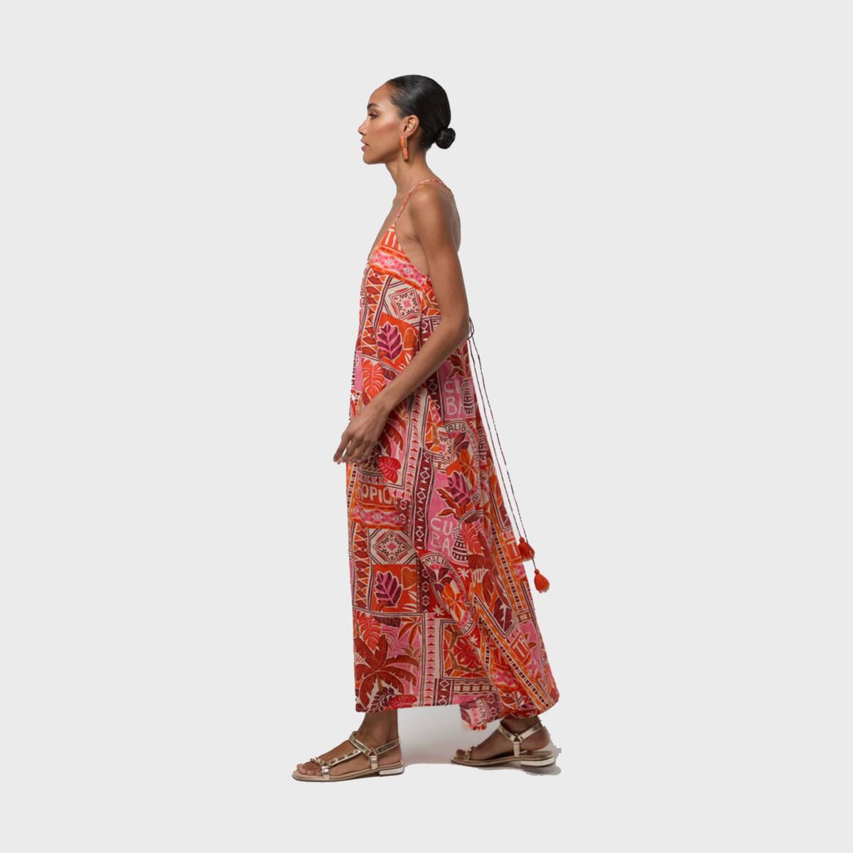 Robe longue imprimée à fines bretelles et coupe fluide corail, LOLA CASADEMUNT