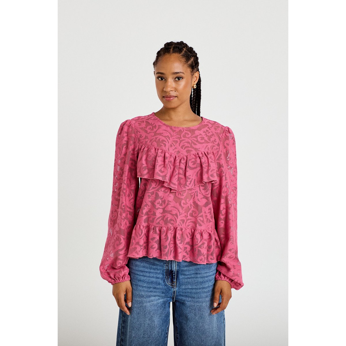 Blouse en dentelle manches longues vieux rose, CACHE CACHE