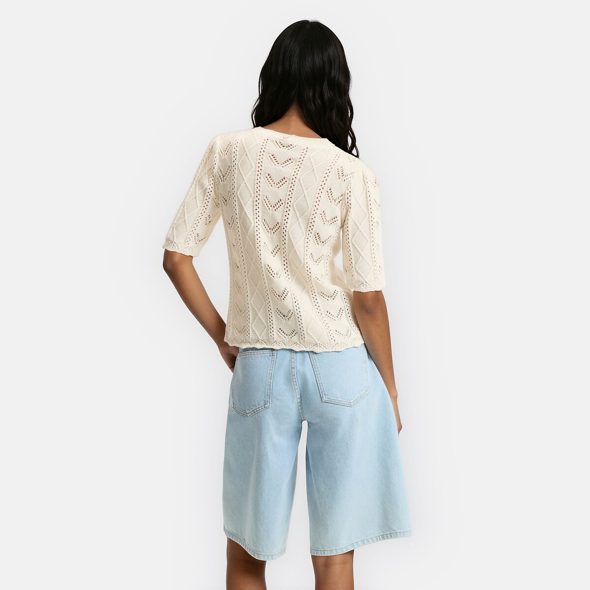 Pull col rond, en fine maille pointelle ecru, LA REDOUTE COLLECTIONS