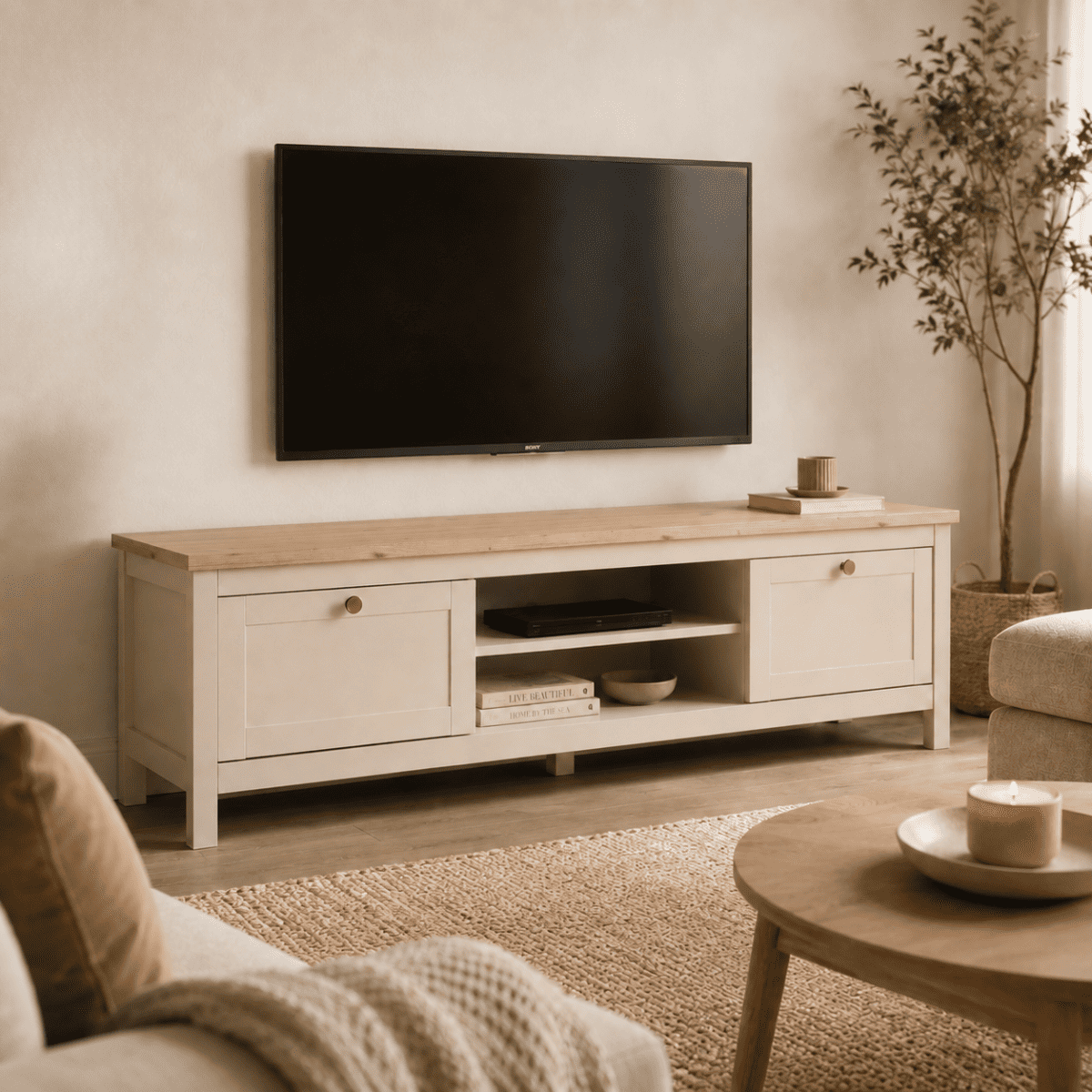 Meuble TV 2 tiroirs et 2 niches - LUND beige, CALICOSY