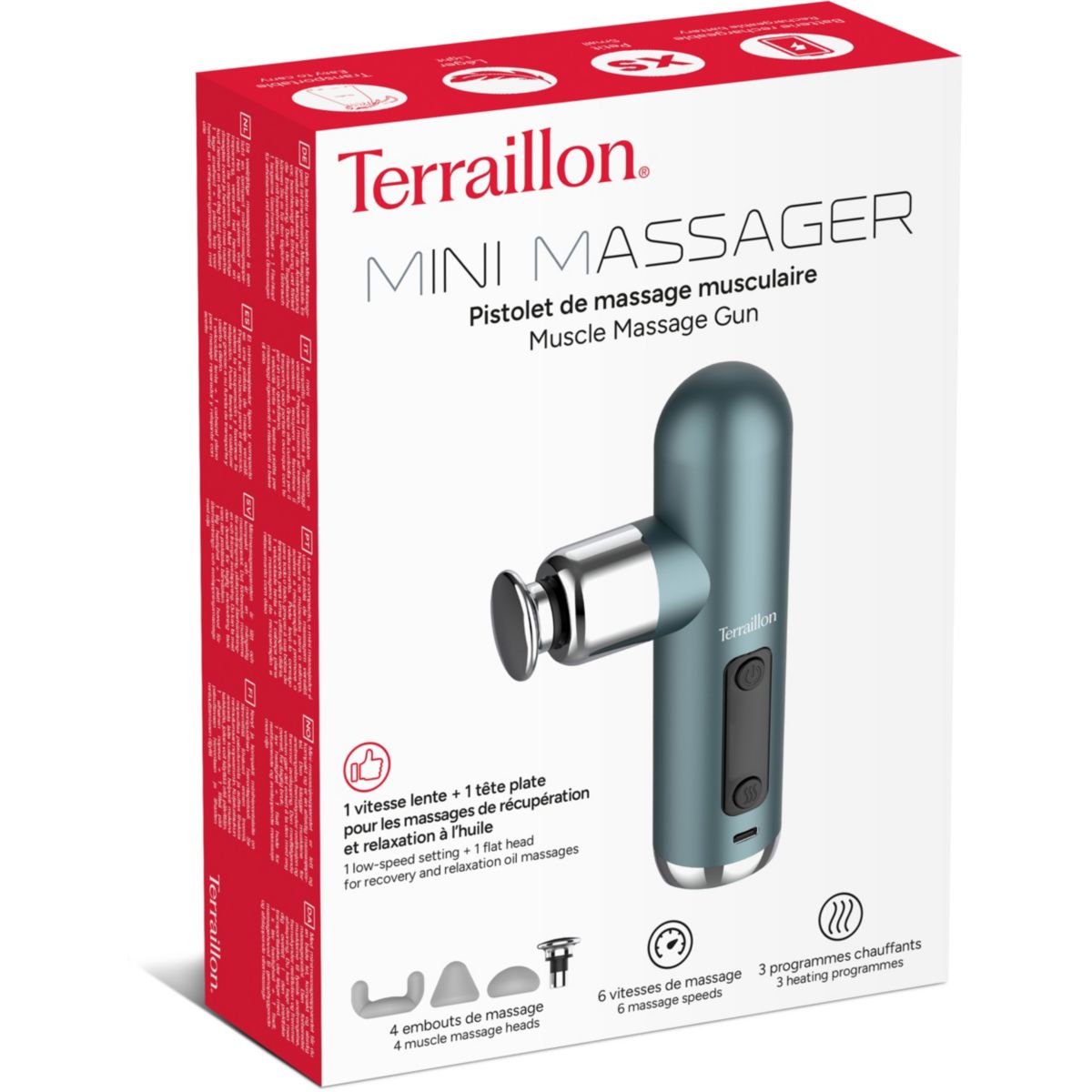 Masseur corps Mini Massager 4 embouts bleu acier, TERRAILLON