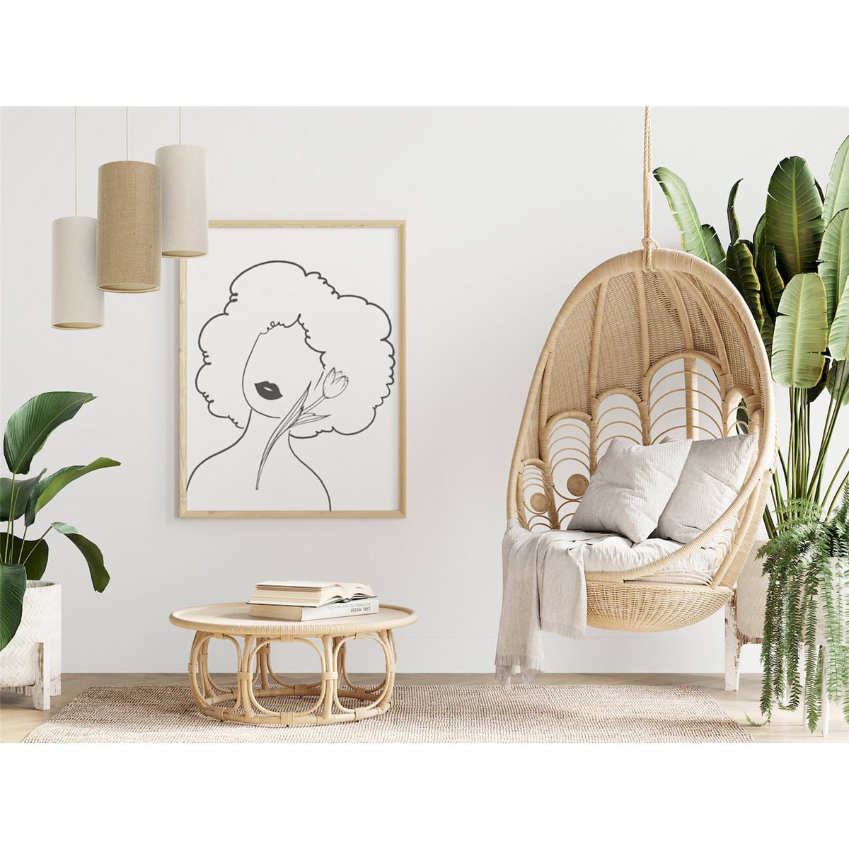 Suspension en lin rond Boho Elegant lin naturel et rotin clair, BPS KONCEPT