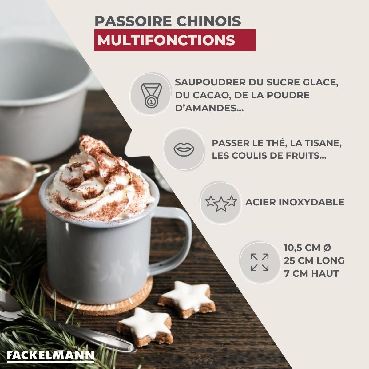 Passoire Chinois 10,5 cm de diamètre en inox gris, FACKELMANN
