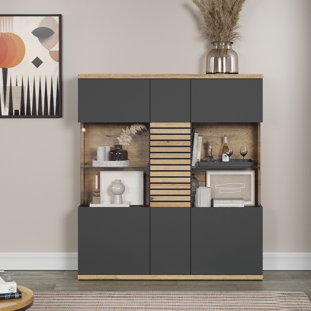 Buffet haut vitré 3 portes L131 cm - NORRIS gris anthracite, CALICOSY