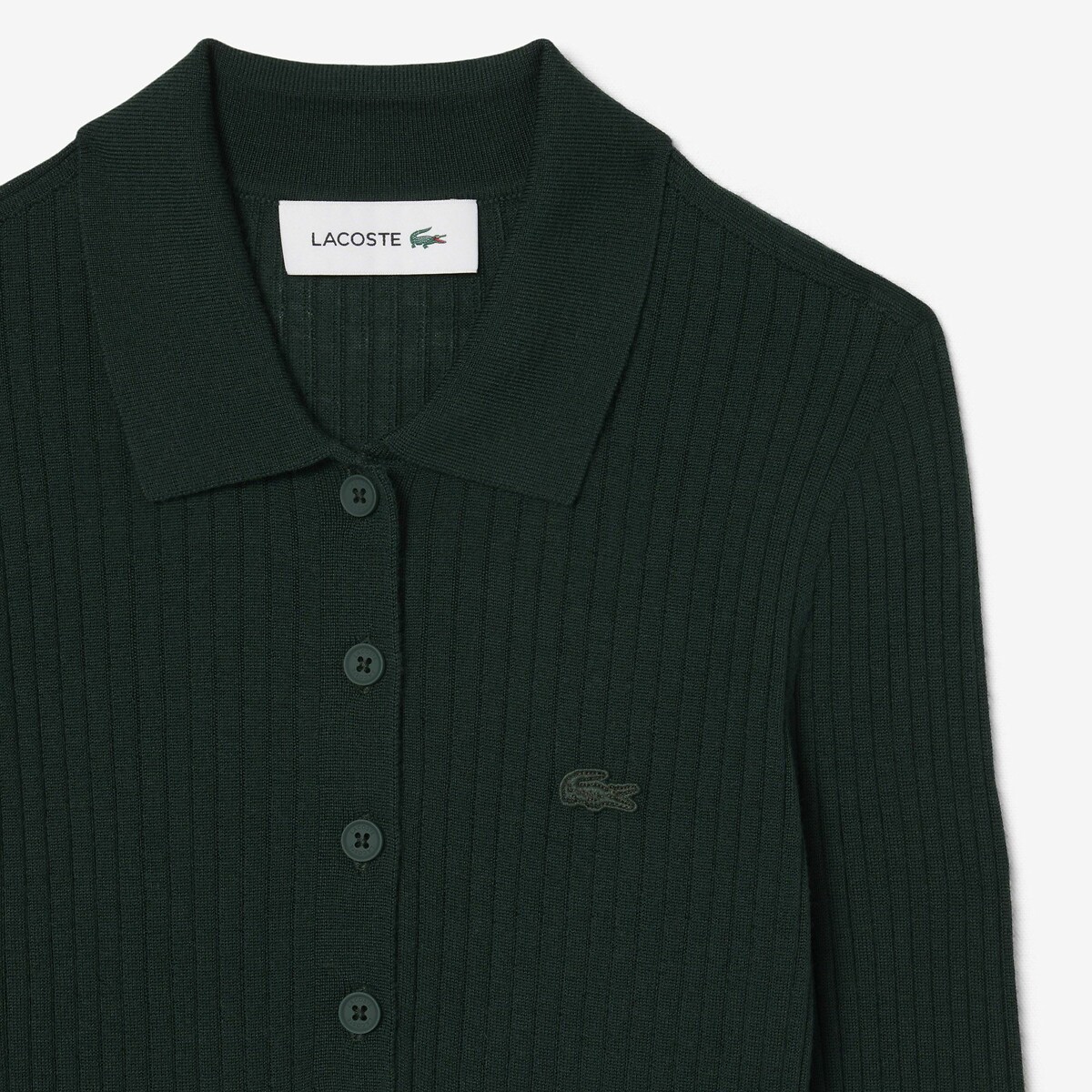 Pull col polo en jersey de laine vert, LACOSTE