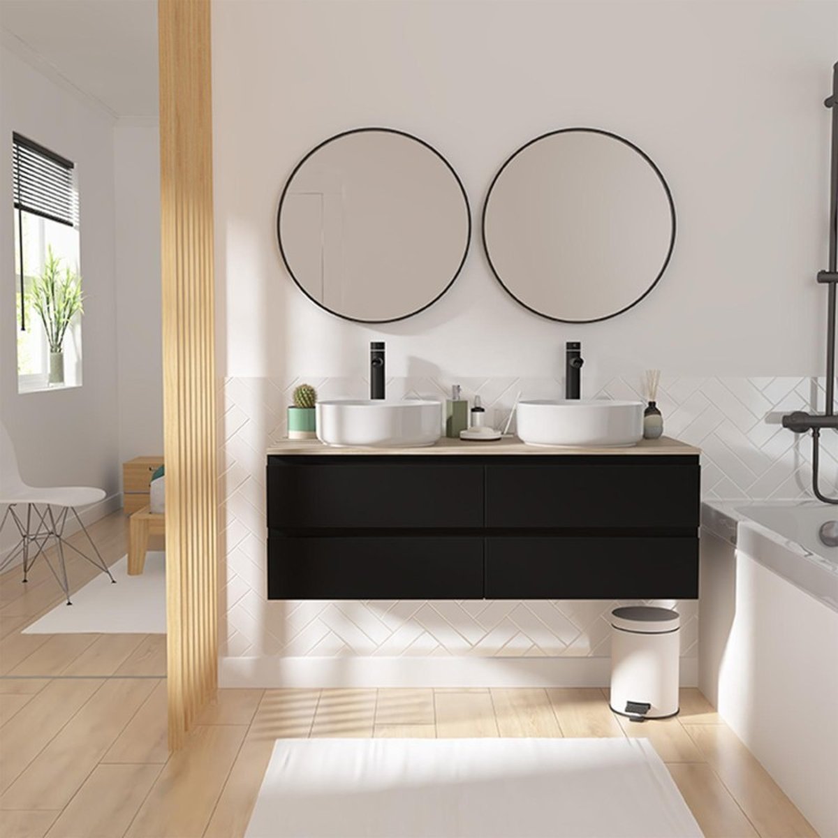 Ensemble meuble double vasque 120cm + robinet + miroir SORRENTO noir satiné, MOB IN