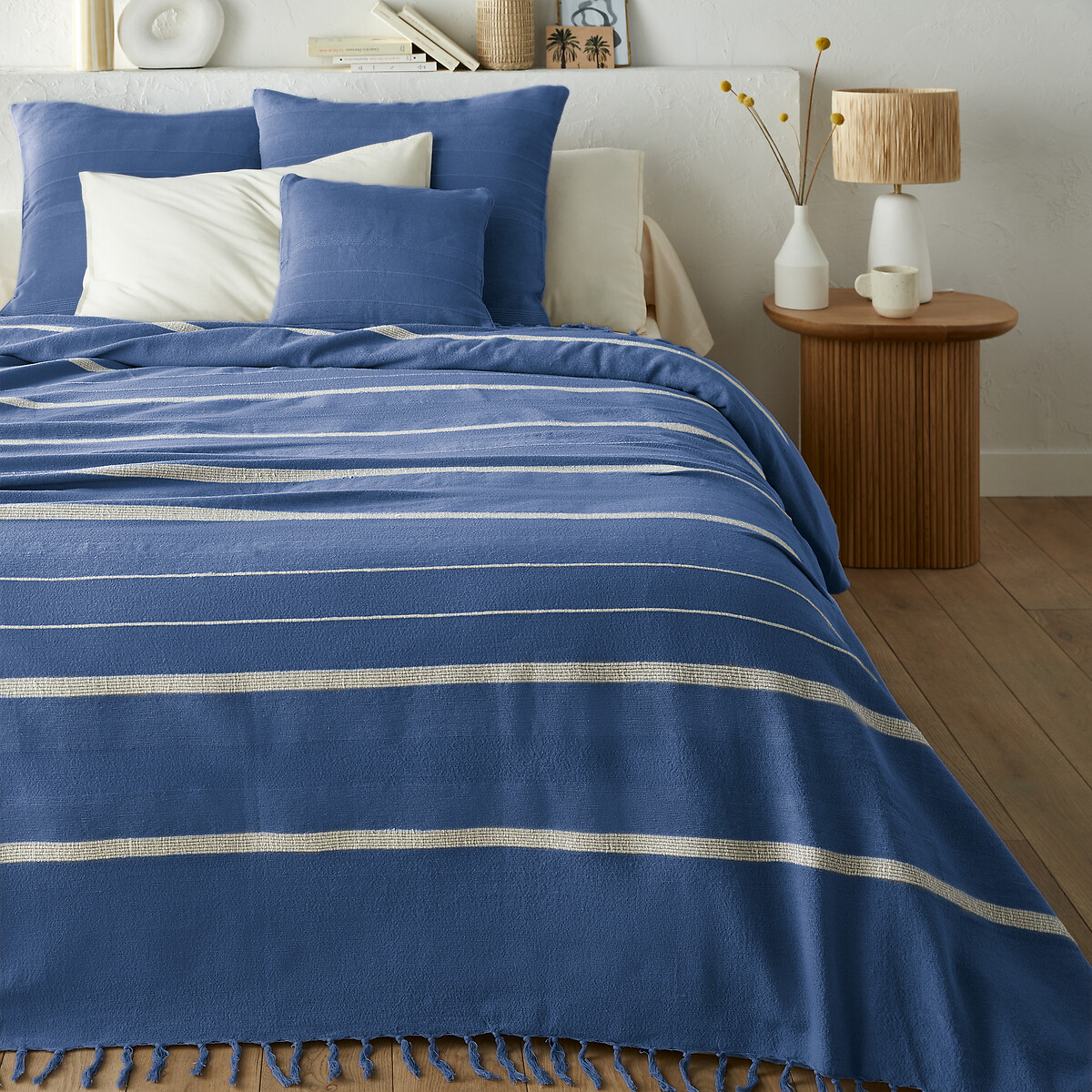 Dessus de lit frangé rayé coton, Nedo bleu orient/écru, LA REDOUTE INTERIEURS