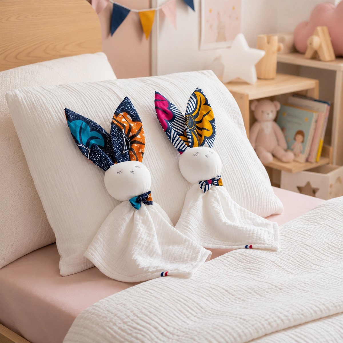 Doudou lapin personnalisable en gaze de coton WAX rouge, SEVIRA KIDS