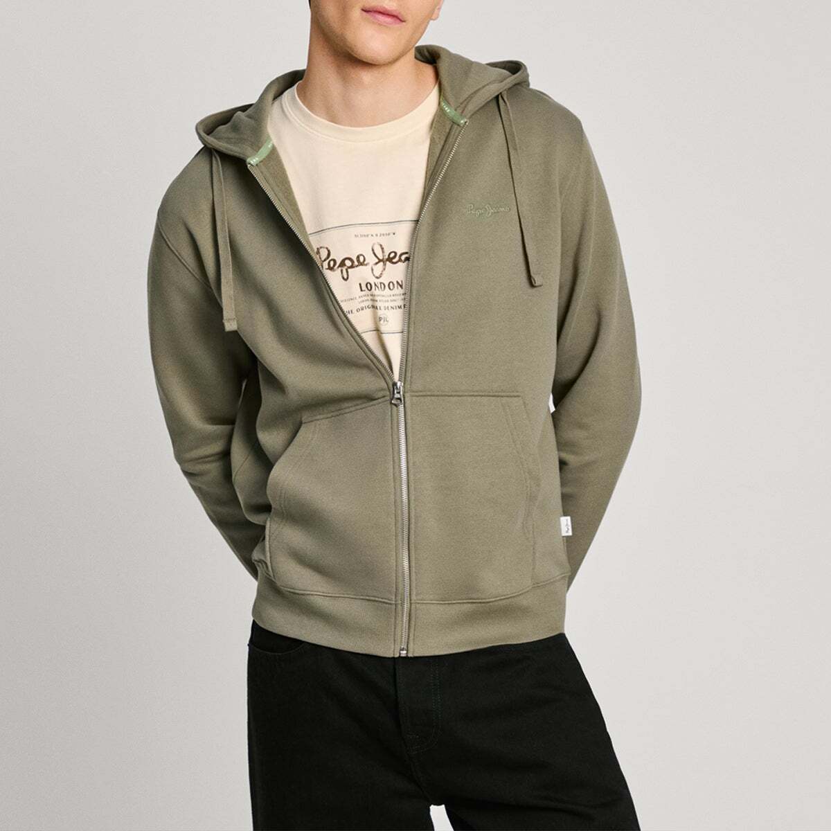 Sweat zippé à capuche vert safari, PEPE JEANS