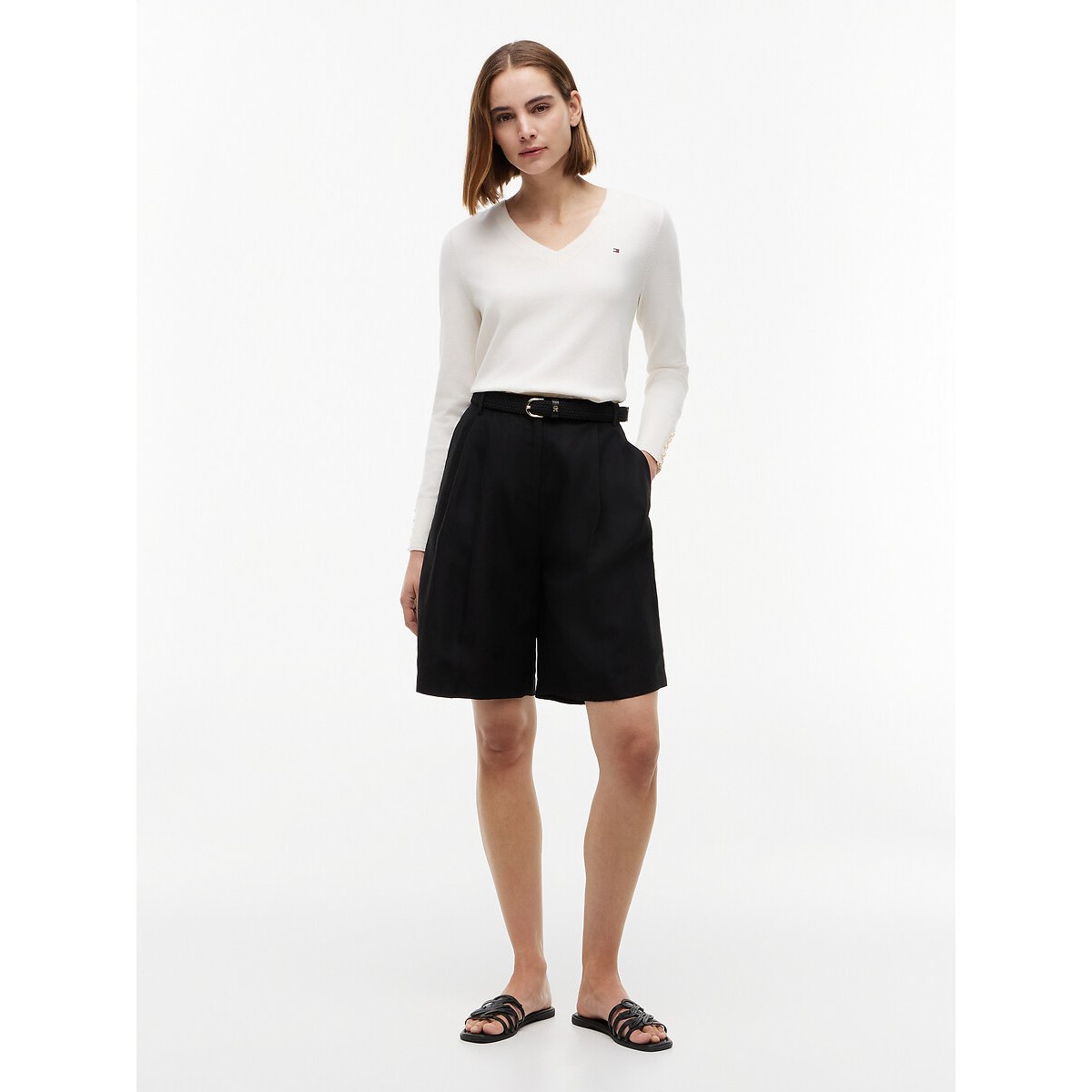 Buttoned Cuff V-Neck Jumper ivory, TOMMY HILFIGER