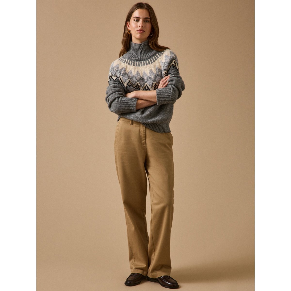 Pull jacquard col montant laine RWS* gris chine, CYRILLUS