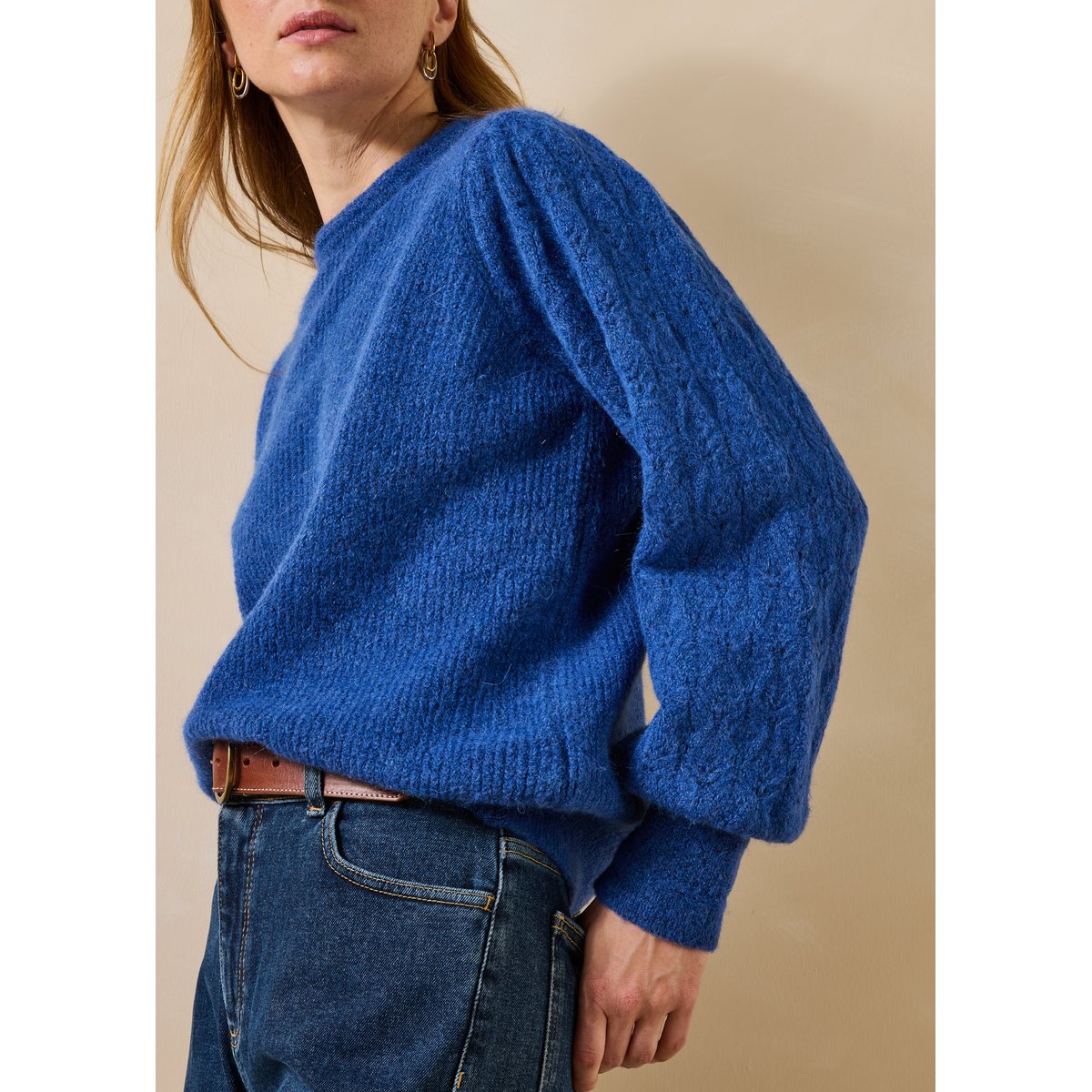 Pull manches longues en maille col rond saphir, LA FEE MARABOUTEE