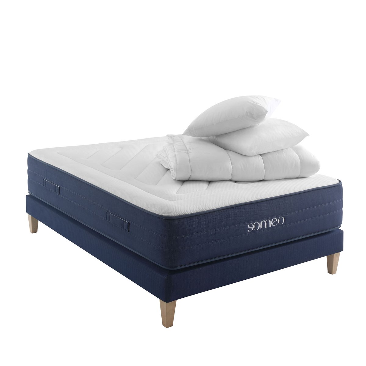 Ensemble matelas ressorts, latex et mémoire de forme, sommier, pieds, couette et oreiller Rêve 700 blanc, SOMEO