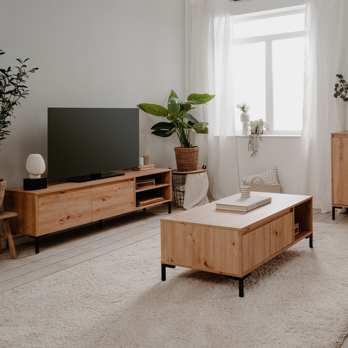 Meuble TV 2 Abattants 2 Niches L150 cm - PLOCK bois clair, CALICOSY