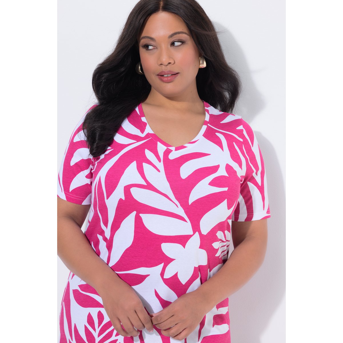 T-shirt long dans un imprimé feuilles rose vif, ULLA POPKEN