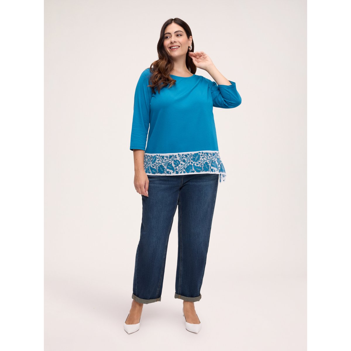 T-shirt avec bord imprimé petrol blue, FIORELLA RUBINO