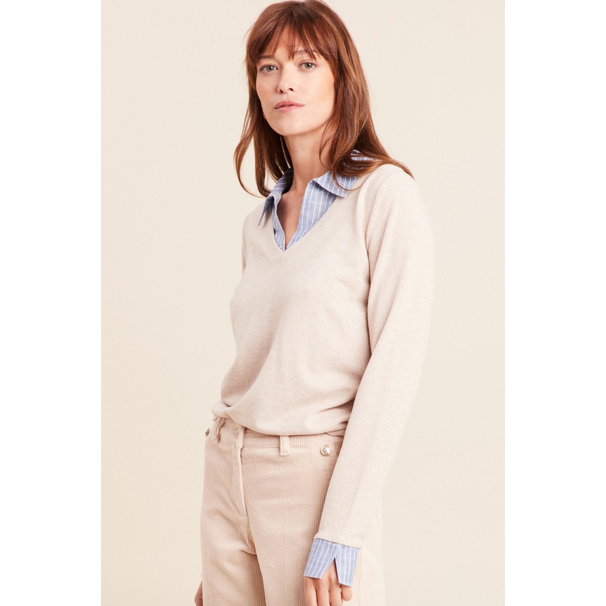 T-shirt effet 2 en 1 col chemise creme, BREAL