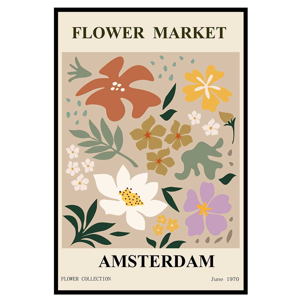 Affiche encadrée fleurs abstraites colorées affiche + cadre en métal - noir, HEXOA