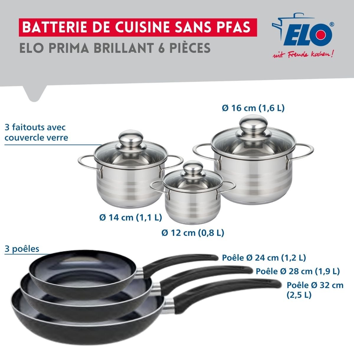 3 poêles 24/28/32cm + 3 faitouts 12/14/16cm PRIMA BRILLANT noir, ELO