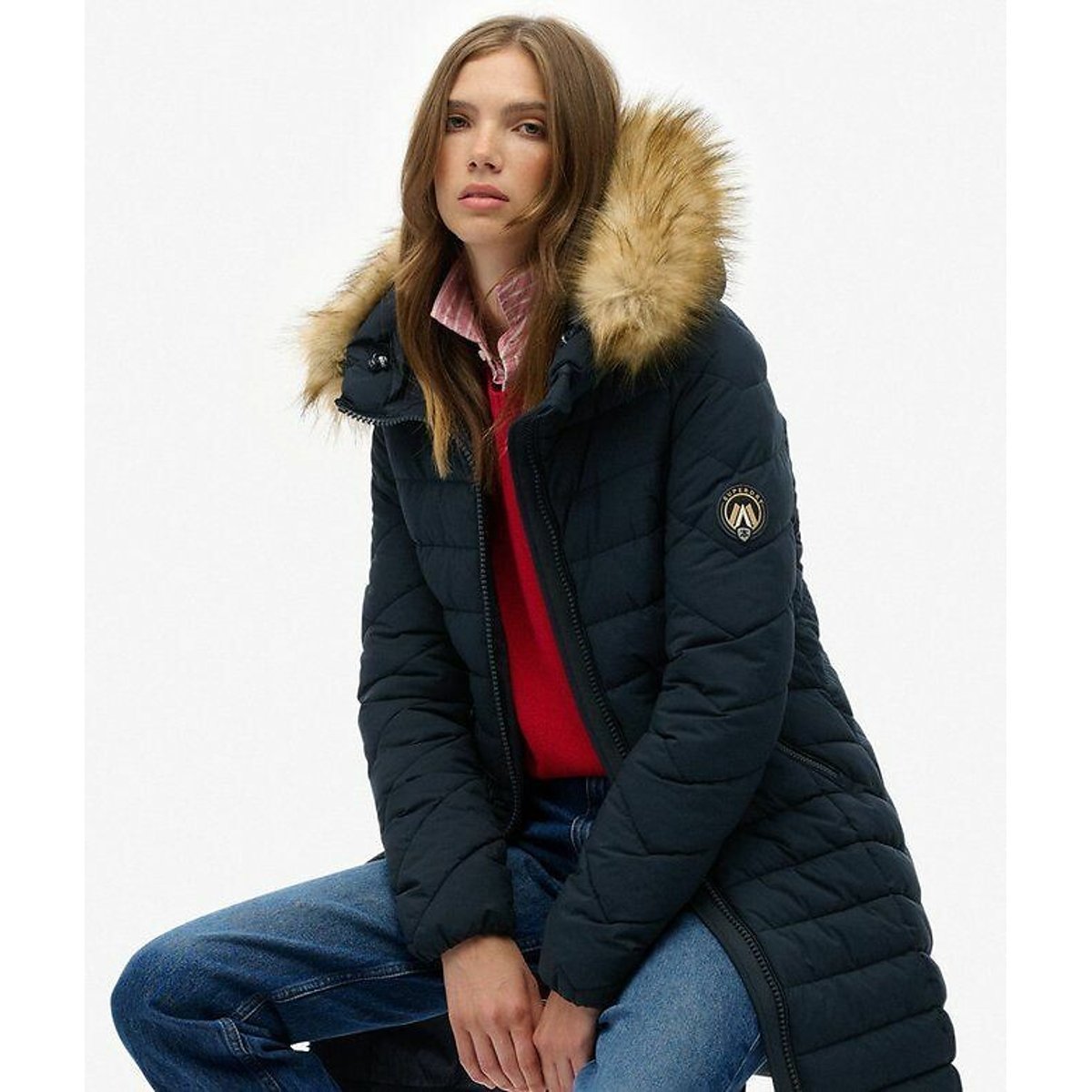 Mid-Length Padded Jacket with Faux Fur Hood navy blue, SUPERDRY