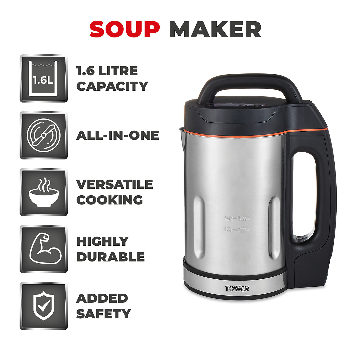 1.6L Soup Maker - T12031 stainless steel, TOWER