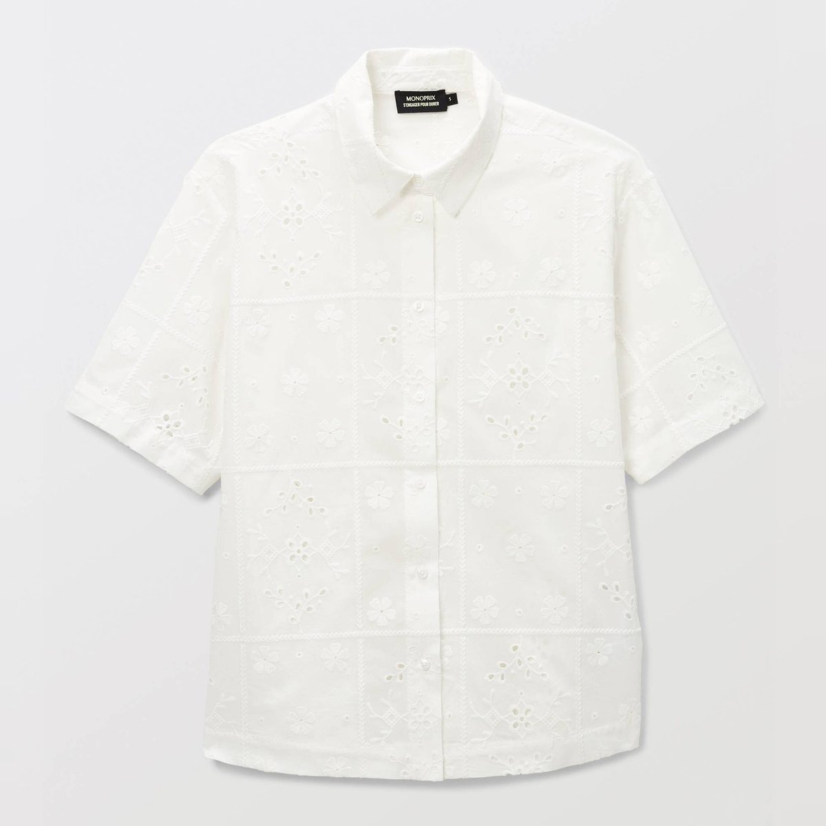 Chemise manches courtes brodée blanc, MONOPRIX