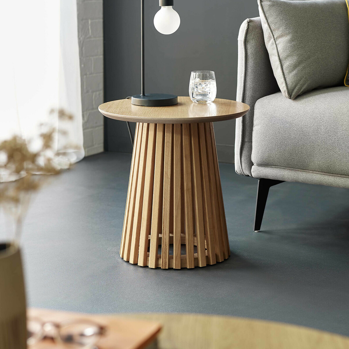 Osric Round Natural Oak Slatted Side Table natural oak, SO'HOME