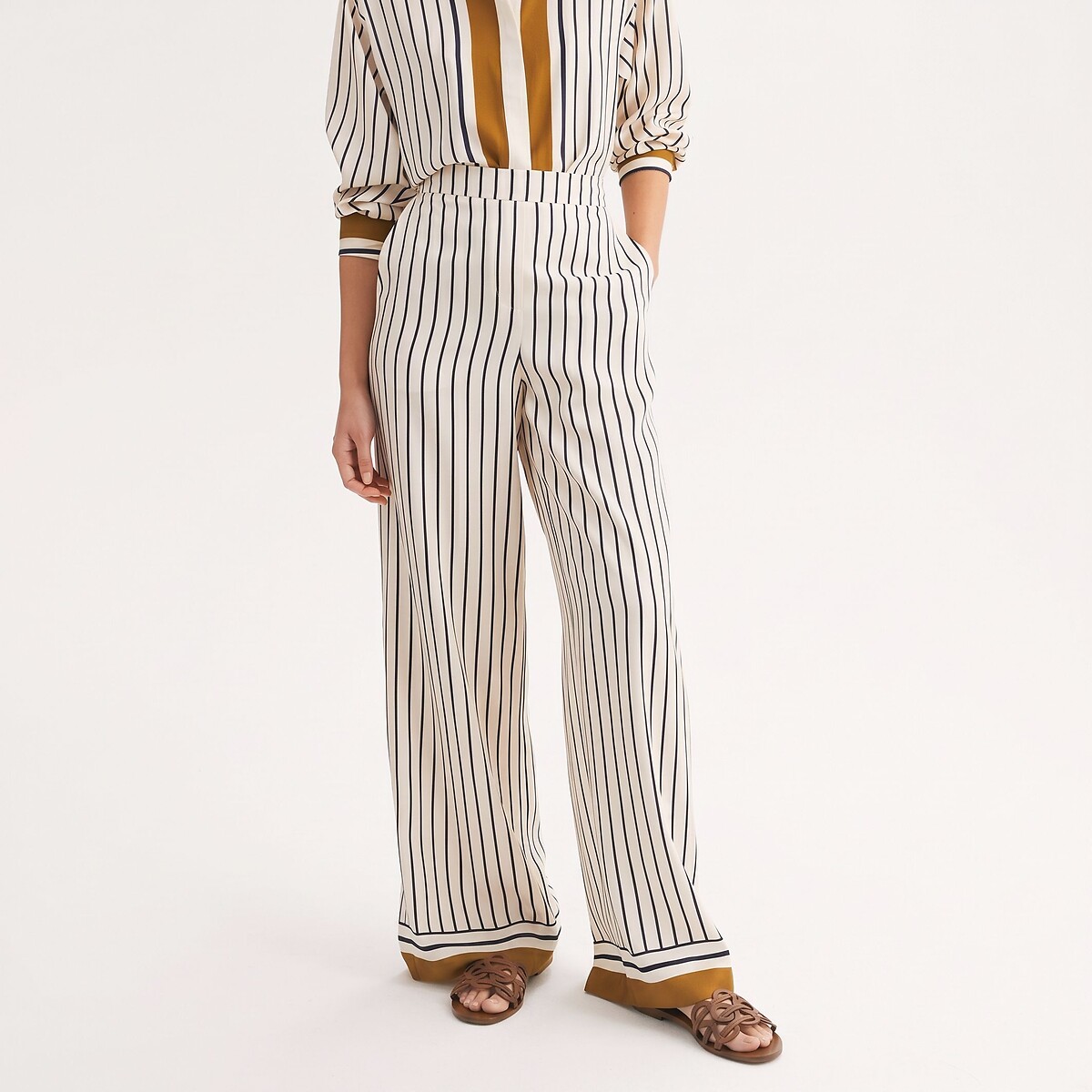 Pantalon satiné, rayé, large et fluide rayé marine, ANNE WEYBURN
