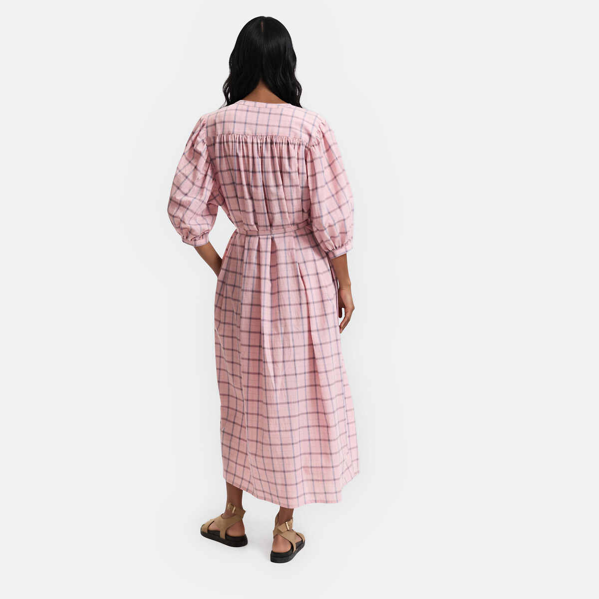 Robe longue à carreaux manches 3/4 carreaux rose, LA REDOUTE COLLECTIONS