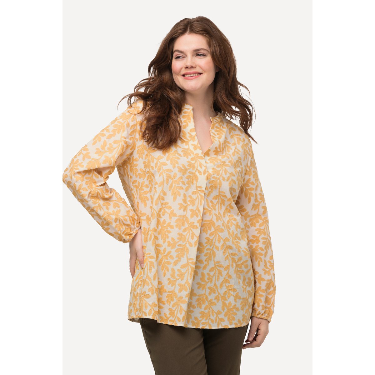 Tunique en coton bio. Motif feuillage. Col pop corn, ULLA POPKEN