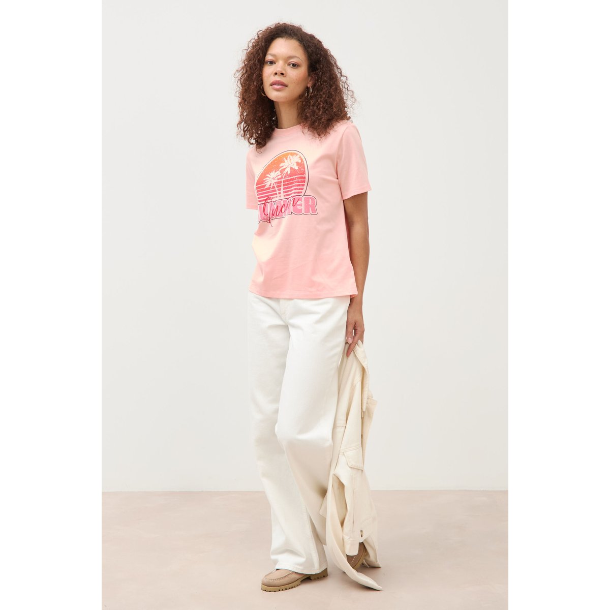T-shirt droit col rond manches courtes rose saumon, BONOBO