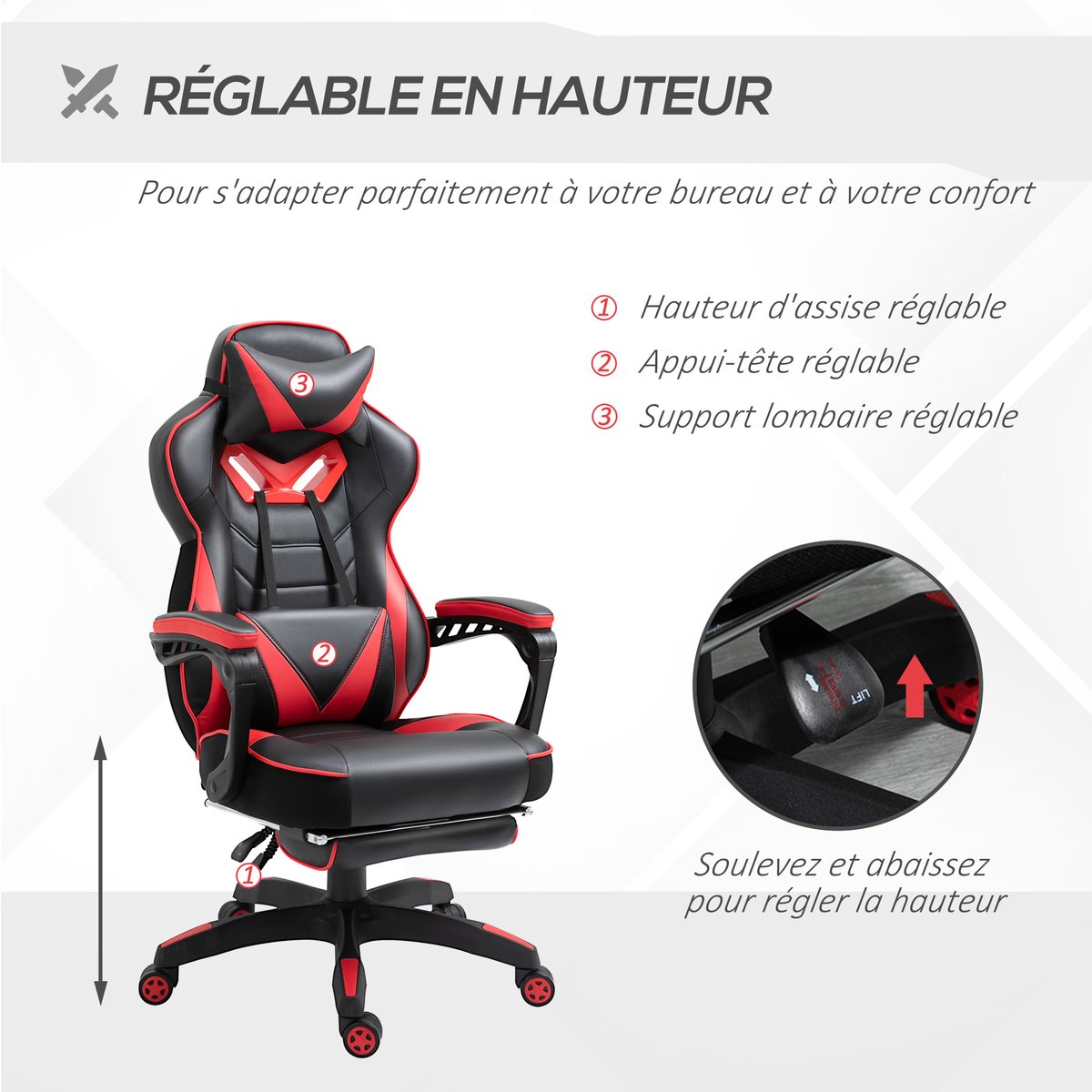 Fauteuil gaming Revêtement synthétique PU rouge et noir, HOMCOM