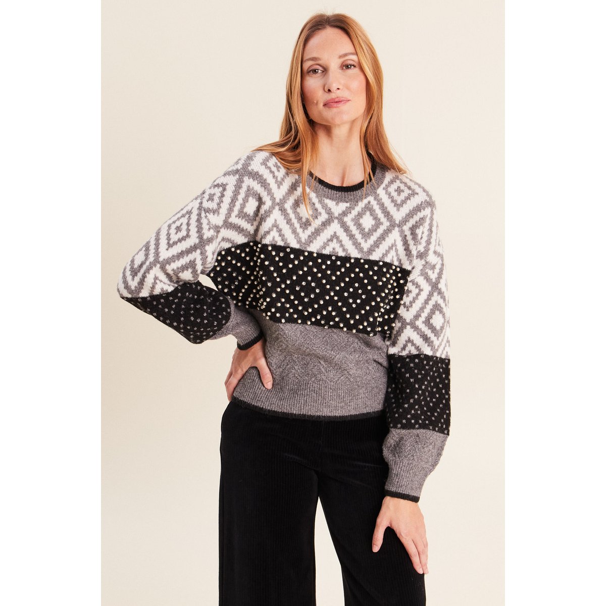 Pull jacquard col rond gris, BREAL