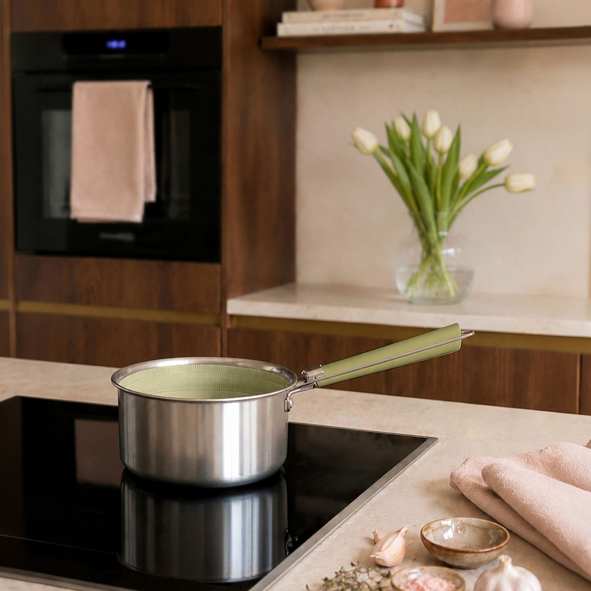 Casserole 16cm en acier inoxydable, AGLAE inox-vert, MENASTYL