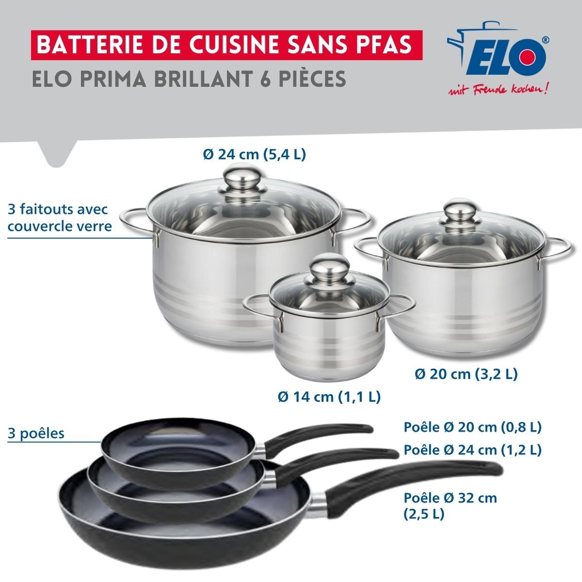 3 poêles 20/24/32cm + 3 faitouts 14/20/24cm PRIMA BRILLANT noir, ELO